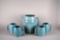 Vintage USA Pottery Barrel Pitcher and Four Mugs, Light Blue Glaze