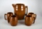 Vintage USA Pottery Barrel Pitcher and Four Mugs, Brown Glaze