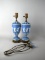 Pair of Vintage Wedgwood Blue Jasper Sprigware Lamps, England