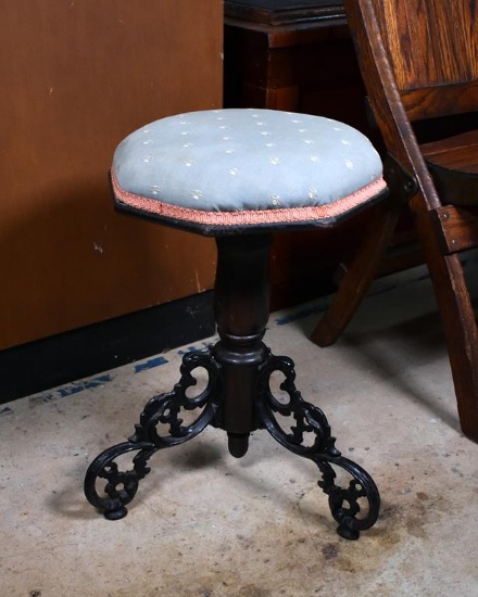 Antique Victorian Metal Base Swivel Piano Stool with Upholstered Seat