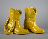 Vintage Frankoma Bright Yellow Glaze Cowboy Boots and Horseshoes Bookends  / Vases, Lot 214