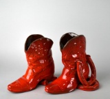 Vintage Frankoma Bright Red Glaze Cowboy Boots and Horseshoes Bookends  / Vases