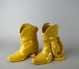Vintage Frankoma Bright Yellow Glaze Cowboy Boots and Horseshoes Bookends  / Vases, Lot 227