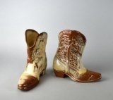 Pair of Unmarked Frankoma Larger Light Yellow Glaze Cowboy Boots Vases, 7” H