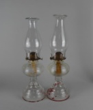 Antique Pair of Pressed Glass Oil Lamps, ~17” H