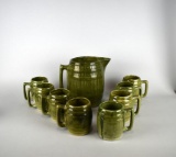 Vintage USA Pottery Barrel Pitcher and Eight Mugs, Green Glaze