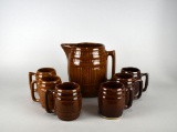 Vintage USA Pottery Barrel Pitcher and Six Mugs, Brown Glaze