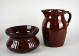 Vintage Robinson Ransbottom (Roseville, OH) Brown Pitcher and a Brown Pottery Spittoon