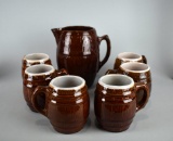Vintage USA McCoy Pottery Barrel Pitcher and Six Mugs, Brown Glaze, Foam Rim & Interior (Mugs)