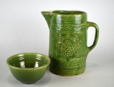 Vintage USA Potteries Green Pitcher and Small Mixing Bowl