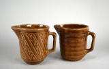 Two Vintage USA Pottery Batter or Milk Pitchers, Light Brown Glaze