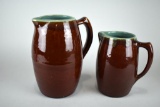 Two Vintage USA Pottery Pitchers, Brown Glaze with Seafoam Green Interior and Rim