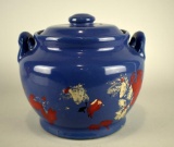 Vintage USA Pottery Blue Glazed & Hand Painted Cookie Jar