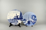 Pair of Vintage Delft Holland Winter Scenes Blue & White Decorative 12” Plates