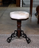 Antique Victorian Swivel Piano Stool with White Leatherette Upholstery