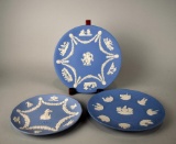 Three Wedgwood Blue Jasper Sprigware Plates, England