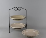 Longaberger Two Tier Metal Pie Plate Stand w/ Leaf Motif & Three Pie Plates