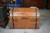 Vintage Oak Dome Top Trunk & Tray with Leather & Brass Trim