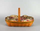 Longaberger Small Oval Basket w/ Handle, Pink Roses Liner, & Protector, 2001