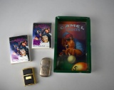 1992 Camel Joe Cool Ashtray, Two Playing Card Sets UNOPENED, Lighter & Zippo XI Brass Lighter
