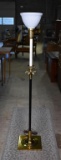 Vintage Stiffel Brass & Wood Torchiere Floor Lamp with White Glass Shade