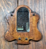 Antique Oak Accent Mirror with Key Hooks, Beveled Glass