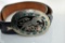 Black Tooled Leather Size 36 Belt with Turquoise & Coral Inlaid Silver 4” Horse Buckle
