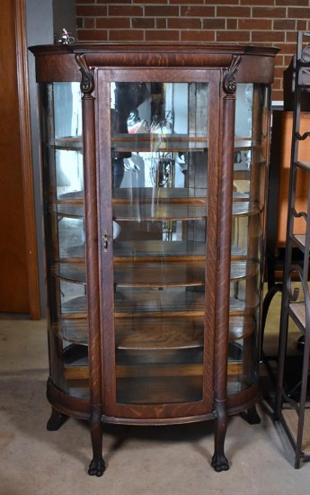 Antique Turn of 20th C. Five-Shelf Oak Curio Cabinet, Paw Feet, Mirrored Back