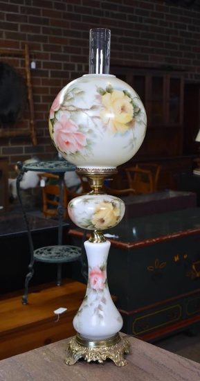 Vintage GWTW Style Hand Painted Electric Table Lamp, Pink & Yellow Roses