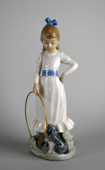 Lladro Girl with Hoop and Puppy 9” Figurine with Lladro Box, Spain