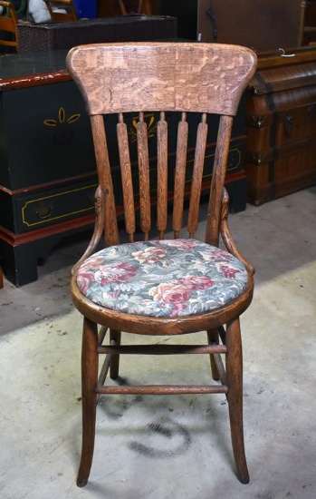 Antique Oak Hall Chair, Floral Upholstered Seat
