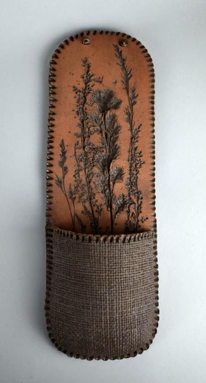 Art Pottery Wall Pocket with Impressed Floral Pattern & Leather Loop for Hanging