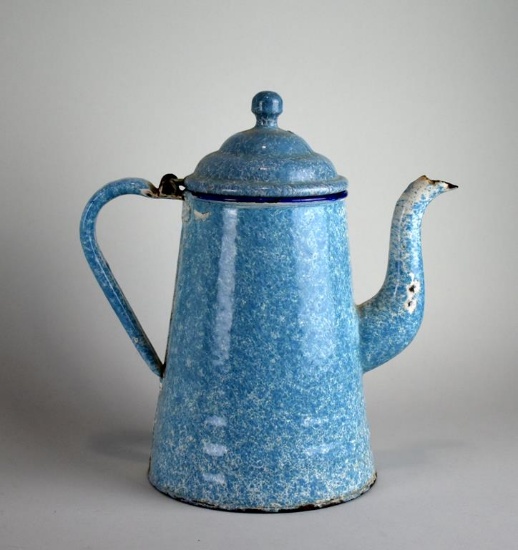Antique Blue 9.5” Granite Ware Coffee Pot with Hinged Lid