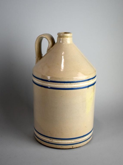 Vintage 11.5” Stoneware Jug with Dark Blue & White Stripes