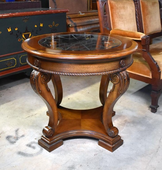 Contemporary Mahogany & Glass Cabriole Leg Round Table