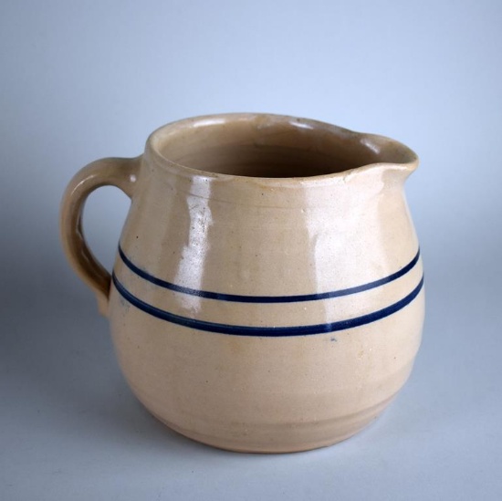 Vintage 6” Stoneware Pitcher with Two Blue Stripes
