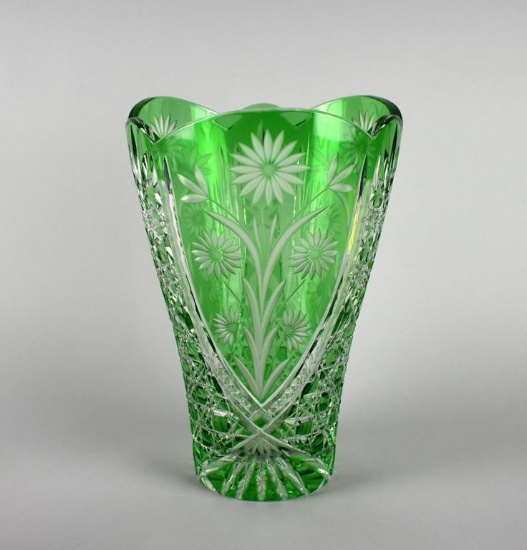 Large Vintage Bohemian 11” Green Cased Cut to Clear Vase