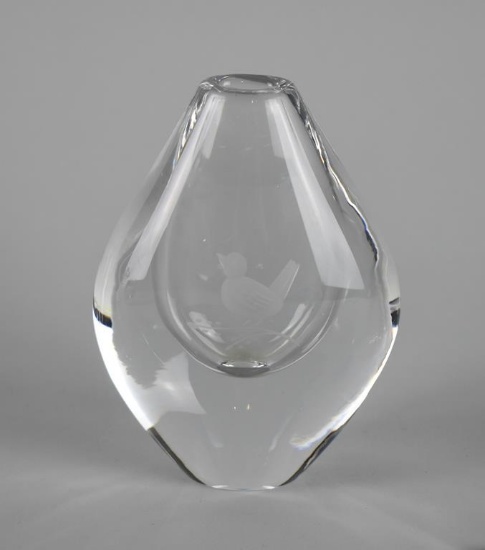 Orrefors Signed Crystal Vase with Bird Perched on Branch Motif & Storage Bag, Sweden