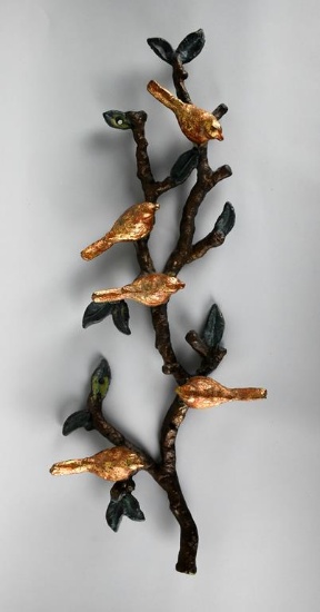 Gilt & Painted Metal Birds on Limb Wall Art