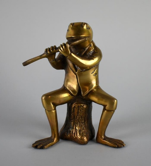 Brass 6” Frog Playing Flute on Tree Stump, India
