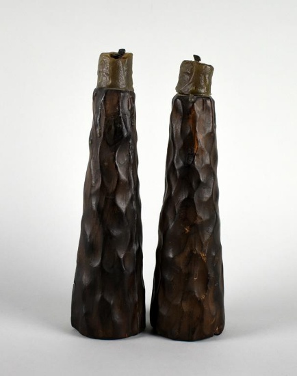 Pair of 8.5” MCM Brutalist Wooden Candle Sticks