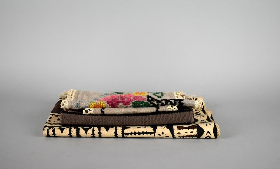 Lot of Four Hand Crafted Textiles: Batik, Navajo Small Blanket, Embroideries