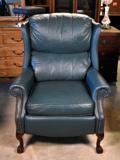 Broyhill Green Leather Recliner with Brass Nailhead Trim