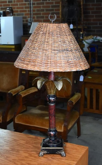 Contemporary Chinoiserie Decorated Woven Rattan Shade Lamp