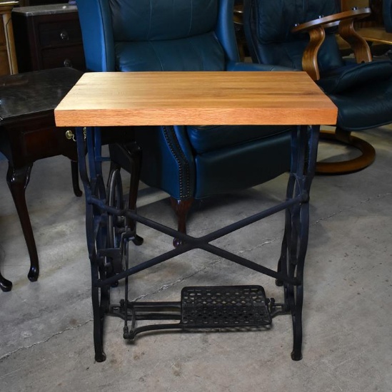Antique Cast Iron Sewing Machine Base with Oak Top Attached