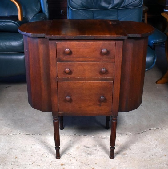 Vintage Mahogany Martha Washington Sewing Table with 3 Drawers and Flip Top Storage Compartments