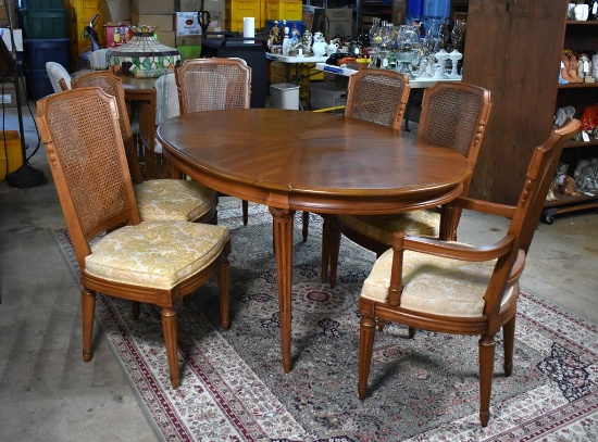 Set of 6 Henredon Cherry Dining Chairs with Caned Backs and Light Yellow Upholstered Seats