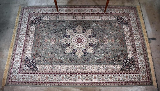 Persian Style Hand Knotted Silk 6.4 x 10' Rug in Drab Green, Ivory and Burgundy; Belgium