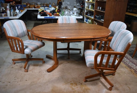 Set of 4 Upholstered Oak Frame Dining Chairs on Caster Feet