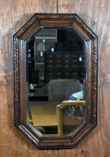 Vintage Pressed Oak Wood Octagonal Frame Mirror